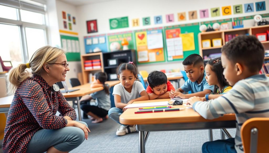 Teacher engaging with diverse students in a collaborative classroom setting