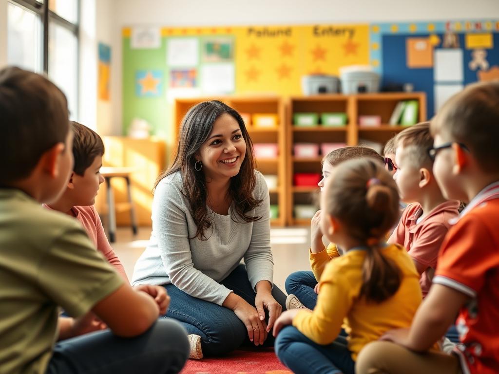 Teacher engaging with students in a classroom demonstrating positive relationship building as Teacher engaging with students in a classroom, demonstrating positive relationship building as a key classroom management skill