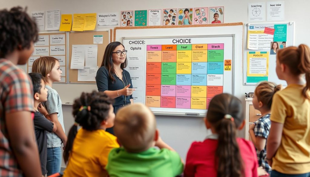 Teacher explaining choice board options to engaged students
