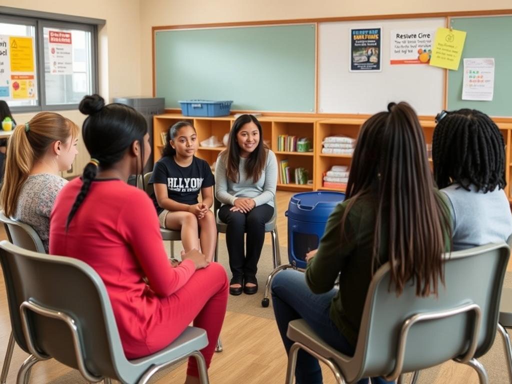 Teacher facilitating a restorative circle with students as part of discipline best practices Teacher facilitating a restorative circle with students as part of discipline best practices