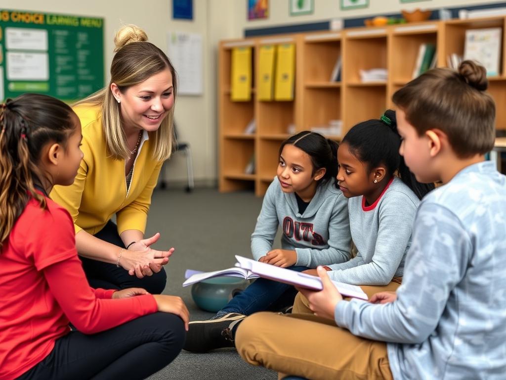 Teacher facilitating a small group discussion about learning choices