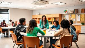 Teacher facilitating collaborative learning for student success in a bright, engaged classroom