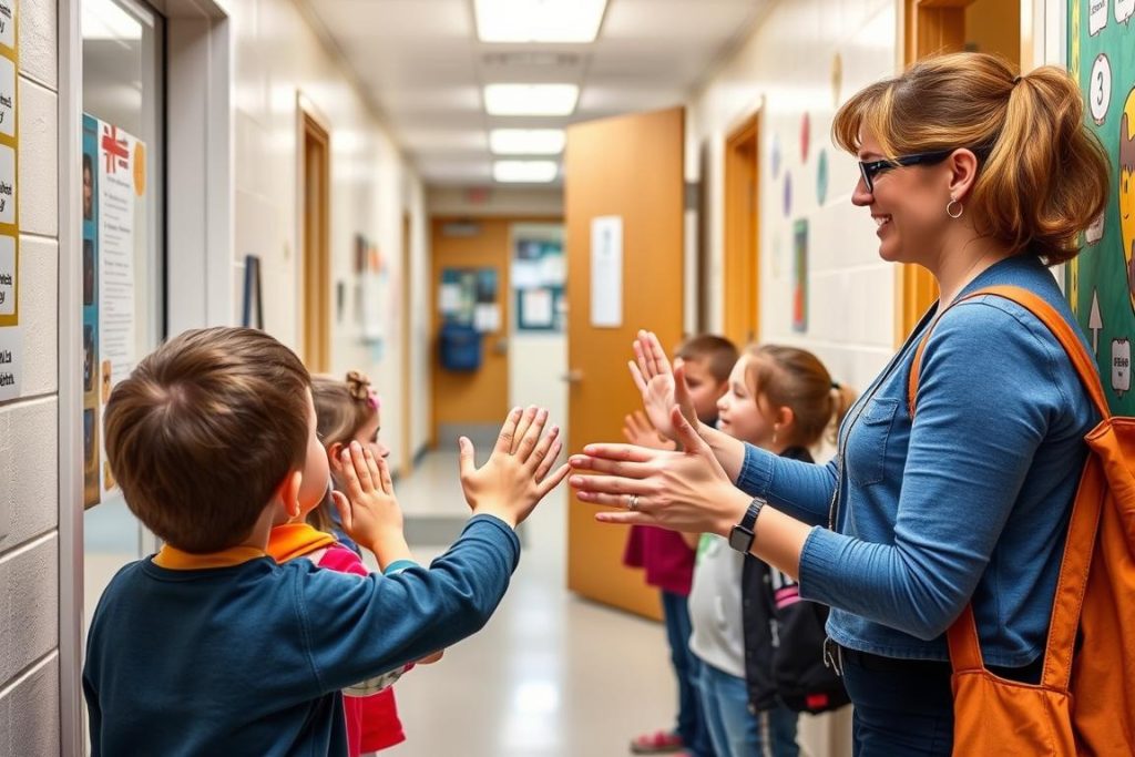 Teacher greeting students at classroom door, demonstrating relationship-building best practices Teacher greeting students at classroom door, demonstrating relationship-building best practices