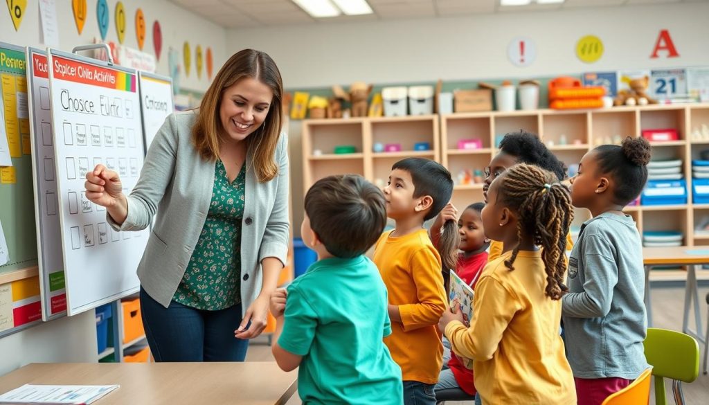 Teacher guiding students making choices in a classroom setting