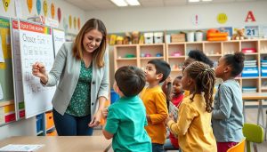 Teacher guiding students making choices in a classroom setting
