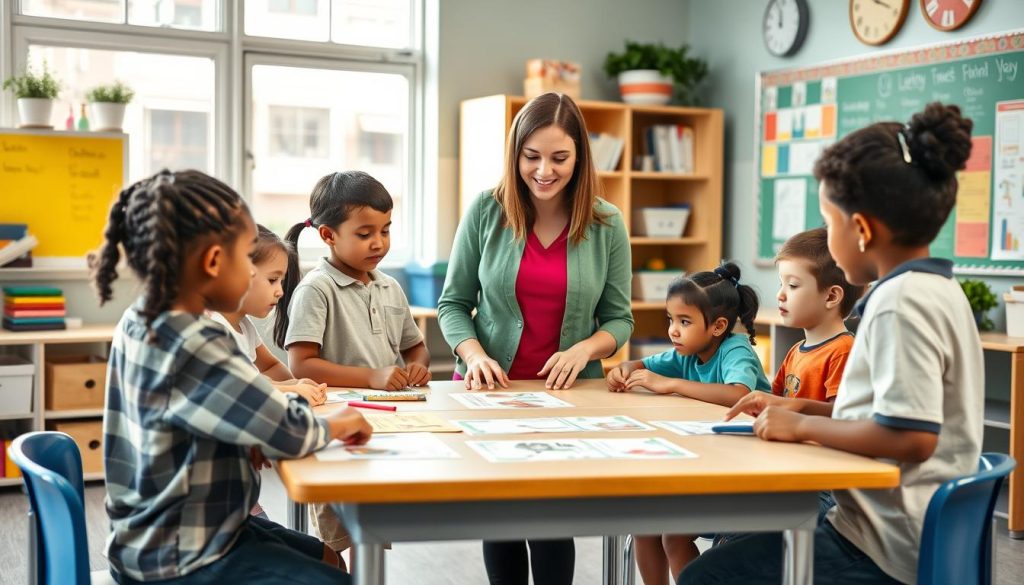 Teacher guiding students making choices in a classroom setting