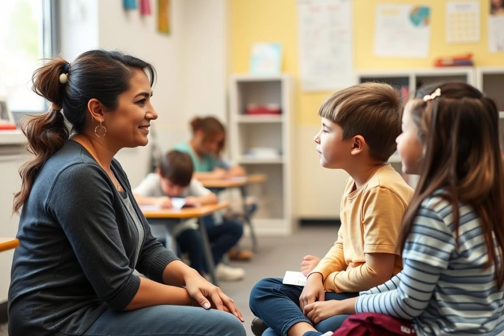 Teacher having a private conversation with a student using effective classroom strategies
