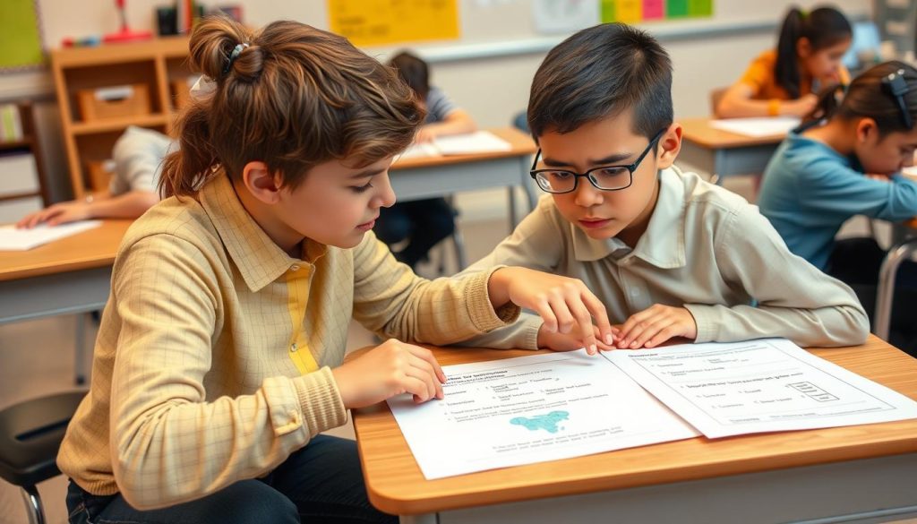 Teacher helping a student work through a challenging choice