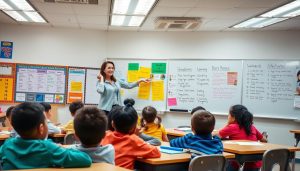 Teacher implementing Standards Based Curriculum in a classroom with students engaged in Teacher implementing Standards Based Curriculum in a classroom with students engaged in learning activities