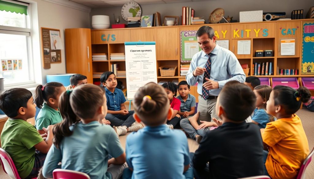 Teacher implementing positive discipline techniques in a diverse classroom setting, demonstrating the meaning of discipline through constructive approaches