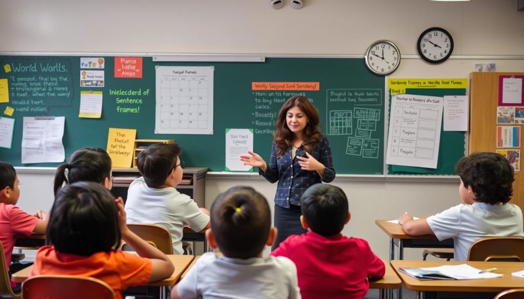 Teacher implementing sheltered instruction techniques with ESL students