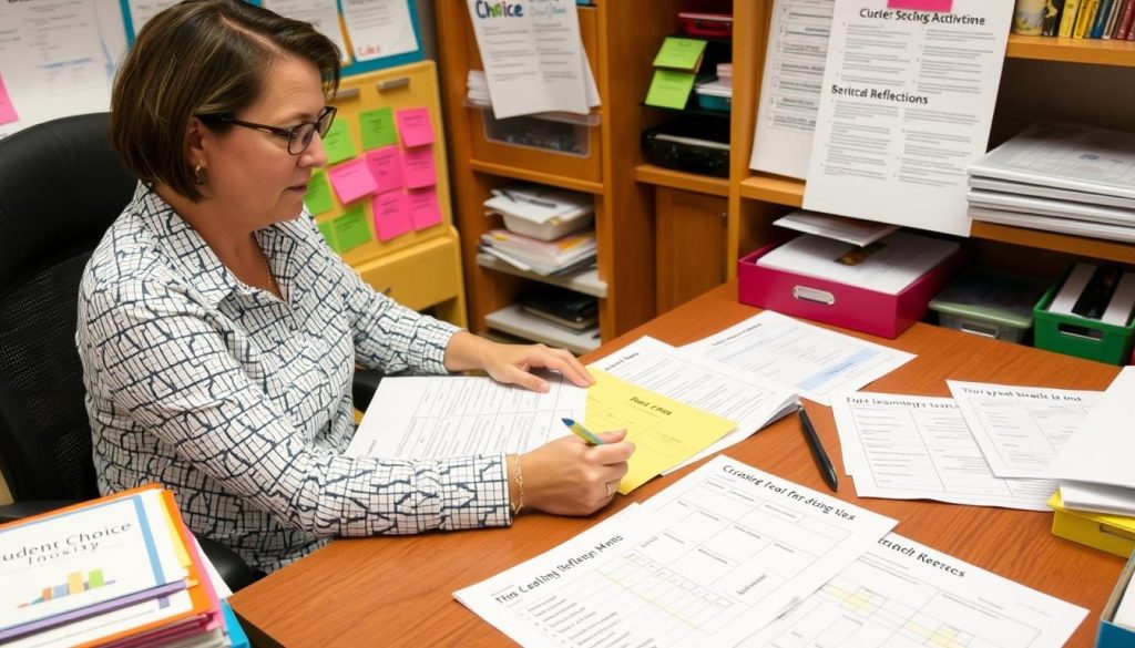 Teacher planning student choice activities with organized materials Teacher planning student choice activities with organized materials