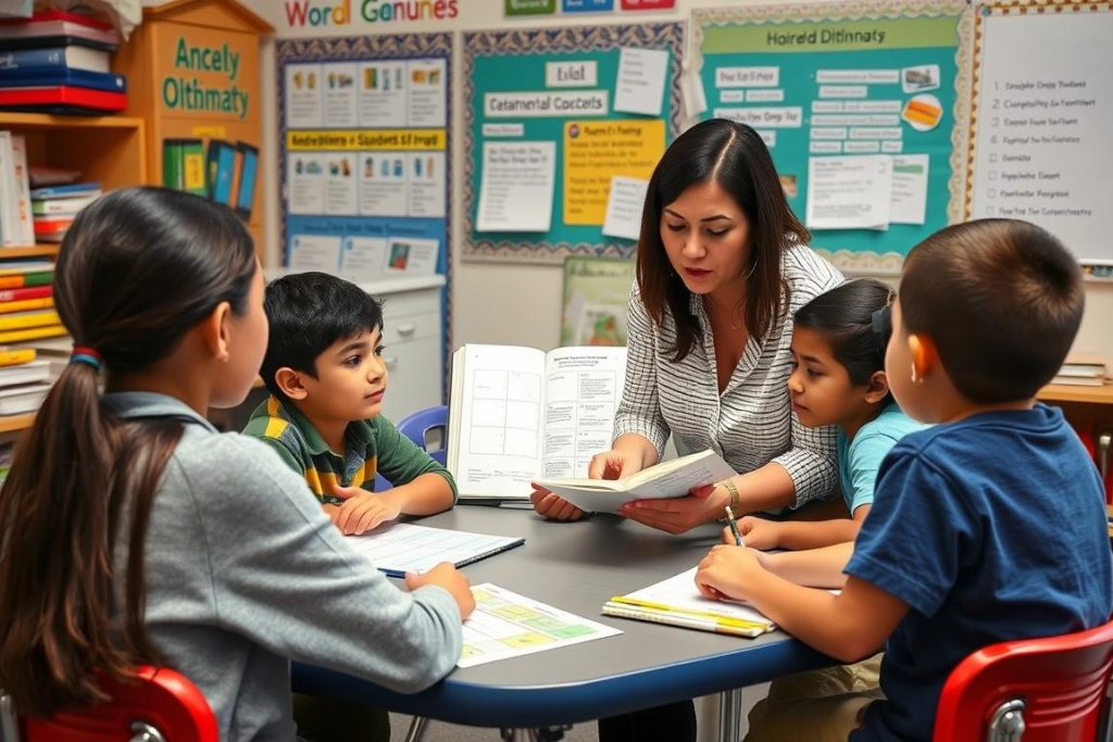 Teacher providing differentiated instruction to ESL students with visual supports