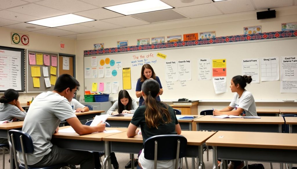 Teacher providing differentiated instruction to students at various language proficiency levels Teacher providing differentiated instruction to students at various language proficiency levels