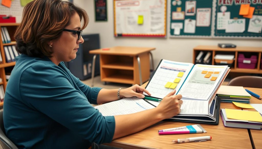 Teacher reflecting and planning discipline strategies at desk