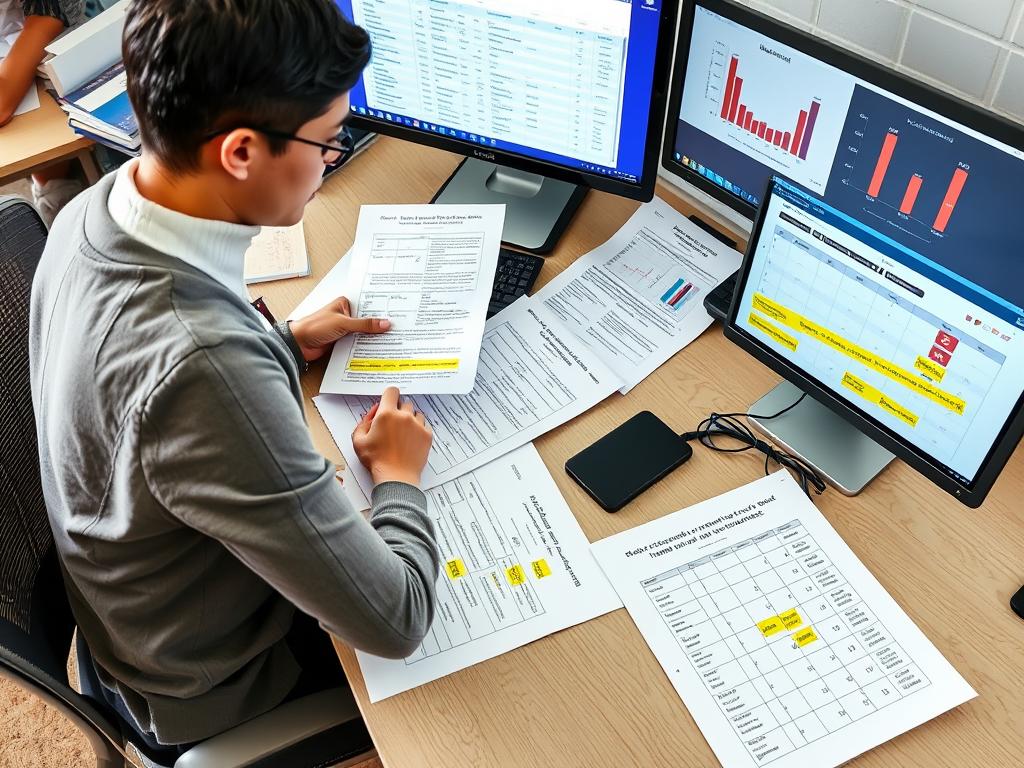 Teacher reviewing Standards-Based Curriculum assessment data with examples of student work and rubrics