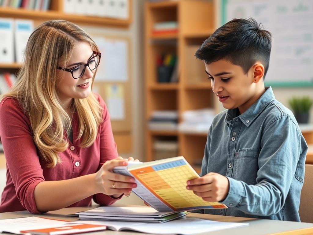 Teacher reviewing a portfolio assessment with an ELL student using rubrics with visual supports Teacher reviewing a portfolio assessment with an ELL student using rubrics with visual supports
