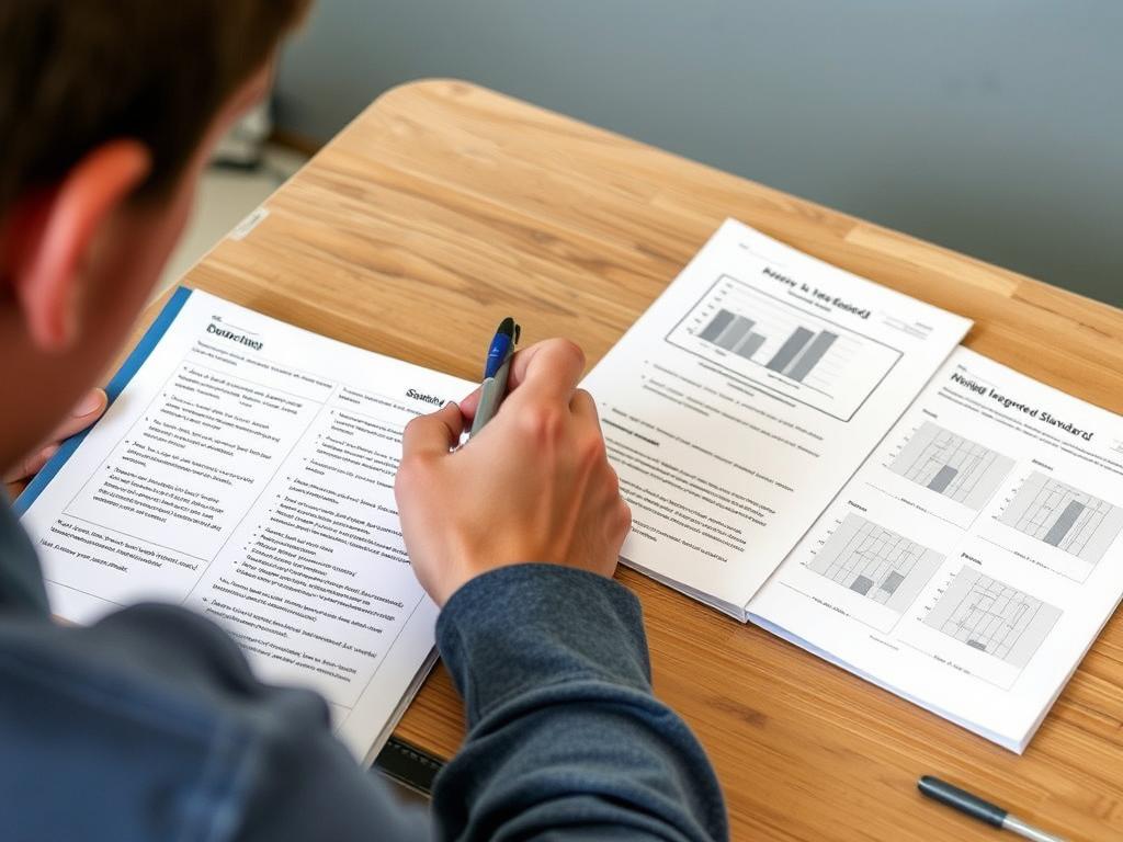 Teacher reviewing student work that demonstrates integrated standards mastery Teacher reviewing student work that demonstrates integrated standards mastery
