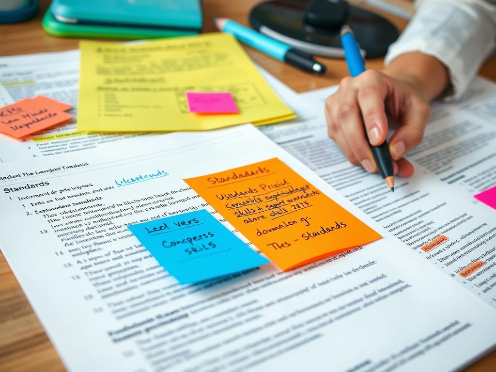 Teacher unpacking standards with color-coded highlighting and annotations