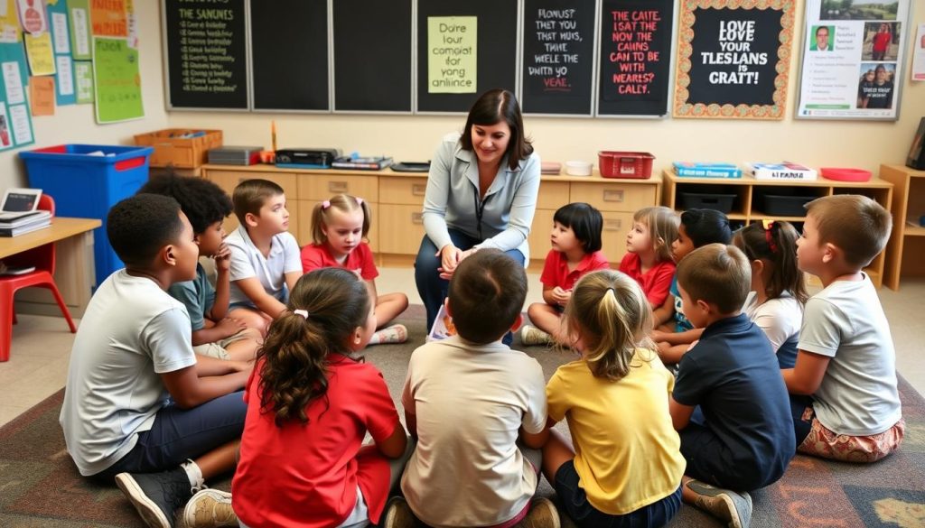 Teacher using Love and Logic approach with students in classroom Teacher using Love and Logic approach with students in classroom