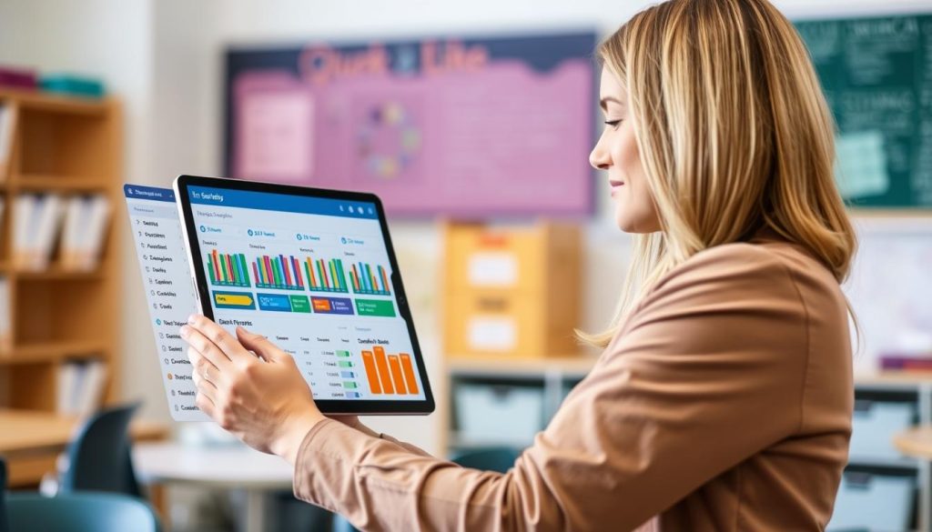 Teacher using digital tools to track student progress in a Standards-Based Curriculum on a tablet or computer