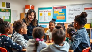 Teacher using effective classroom strategies with students in a collaborative setting