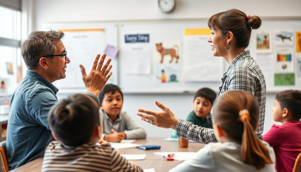 Teacher using gestures and visual aids to provide comprehensible input - essential strategies for educators