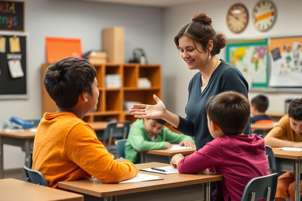 Teacher using positive non-verbal communication in classroom