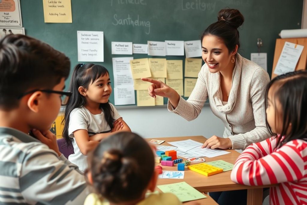 Teacher using sentence frames and visual supports with ELL students during a small group lesson Teacher using sentence frames and visual supports with ELL students during a small group lesson