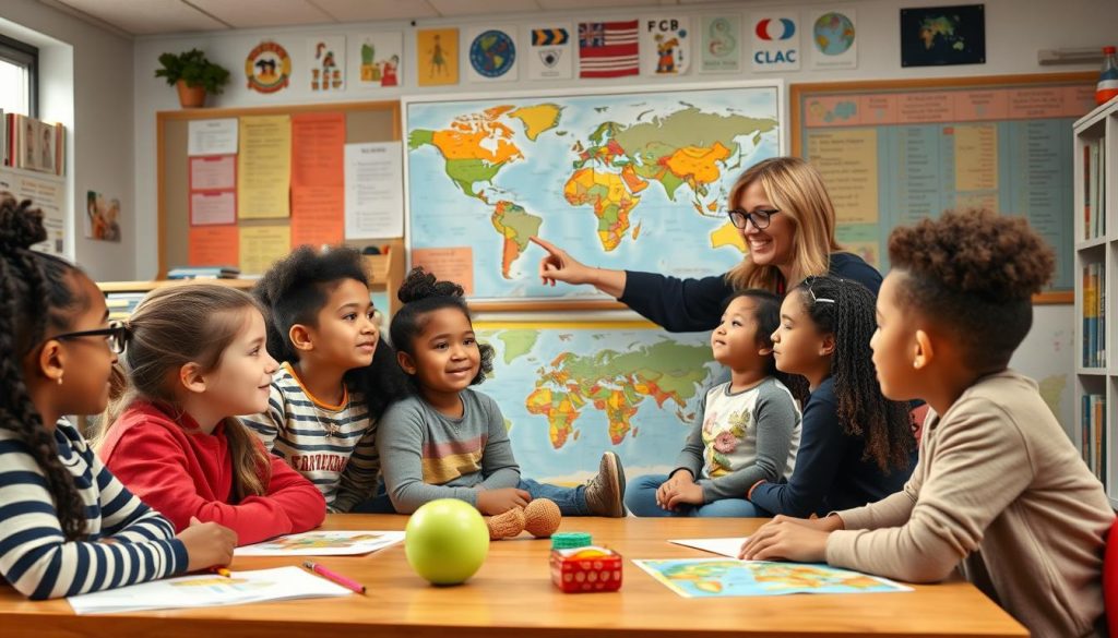 Teacher using visual aids to build background knowledge with diverse students Teacher using visual aids to build background knowledge with diverse students