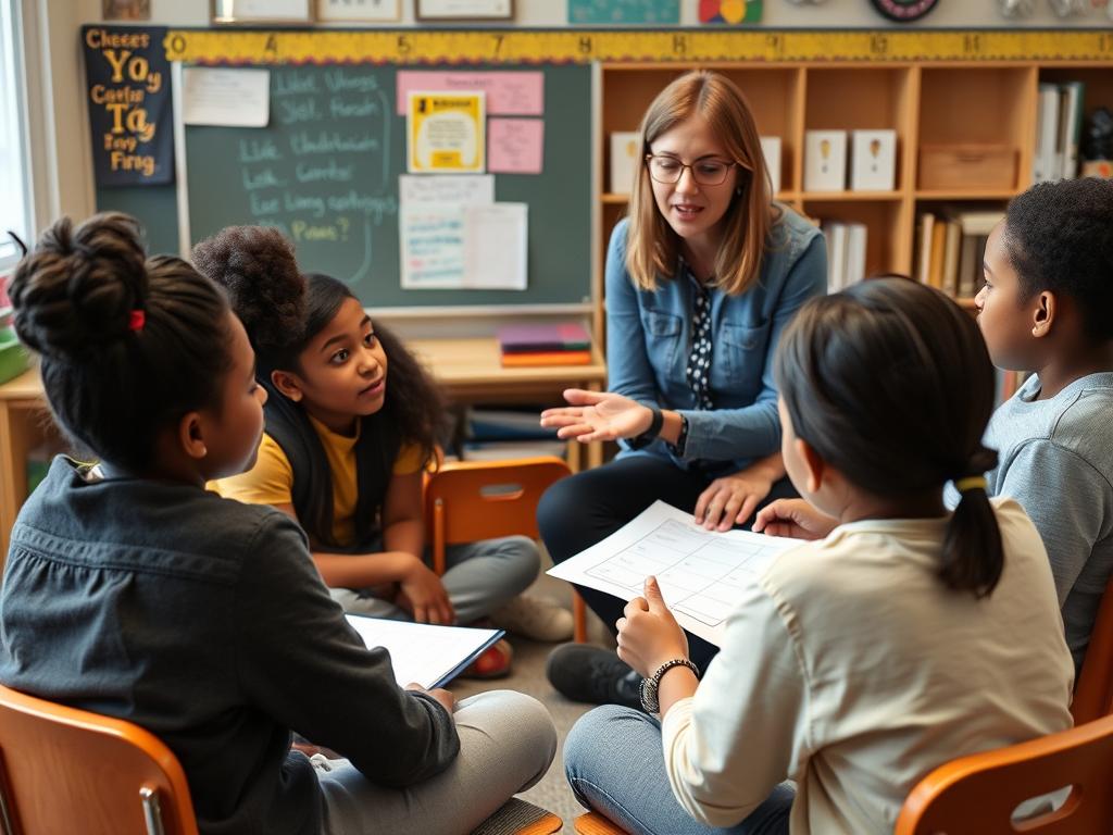 Teacher using visual supports and gestures while working with a small group of diverse students Teacher using visual supports and gestures while working with a small group of diverse students