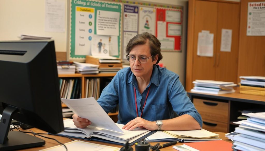 Teacher working through curriculum challenges at desk Teacher working through curriculum challenges at desk