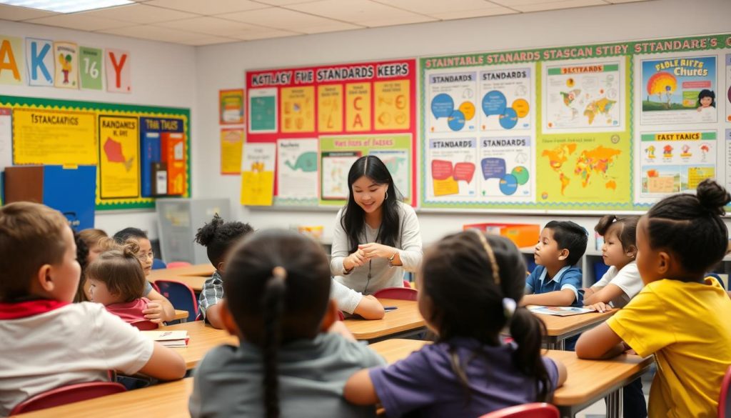 Teacher working with students in a classroom demonstrating the importance of standards in Teacher working with students in a classroom demonstrating the importance of standards in education