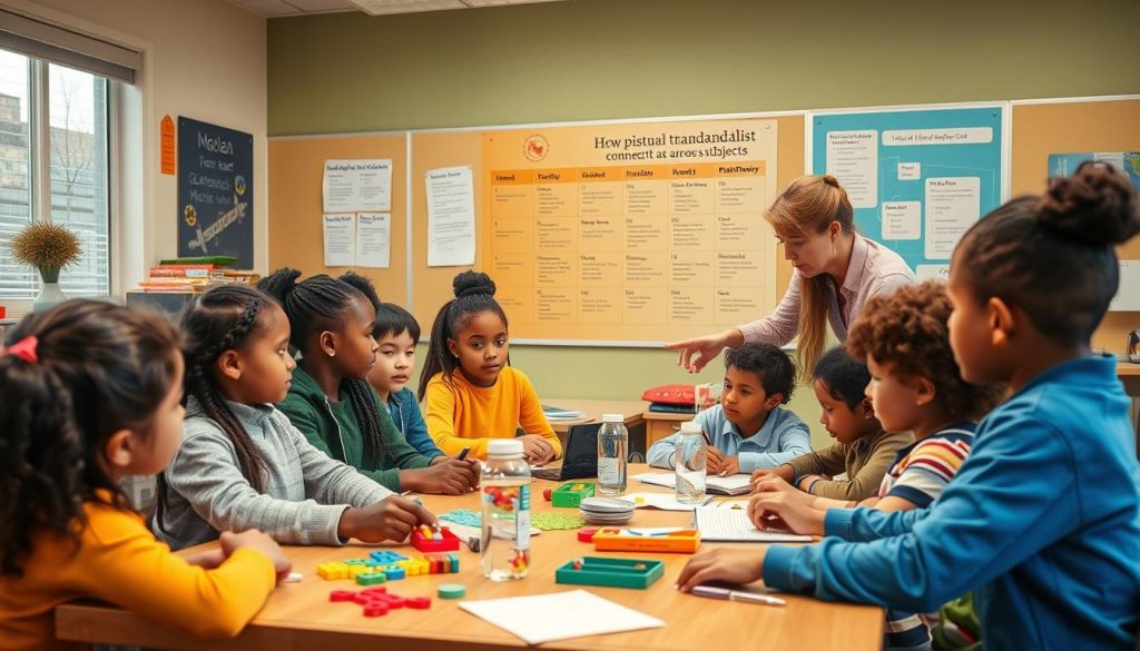 Teacher working with students on an integrated curriculum project showing standards integration Teacher working with students on an integrated curriculum project showing standards integration