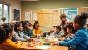 Teacher working with students on an integrated curriculum project showing standards integration Teacher working with students on an integrated curriculum project showing standards integration
