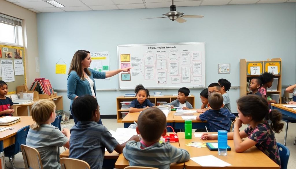 Teacher working with students on an integrated standards project