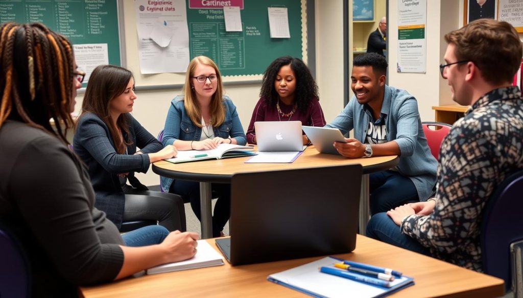 Teachers collaborating in a professional learning community focused on discipline best practices Teachers collaborating in a professional learning community focused on discipline best practices