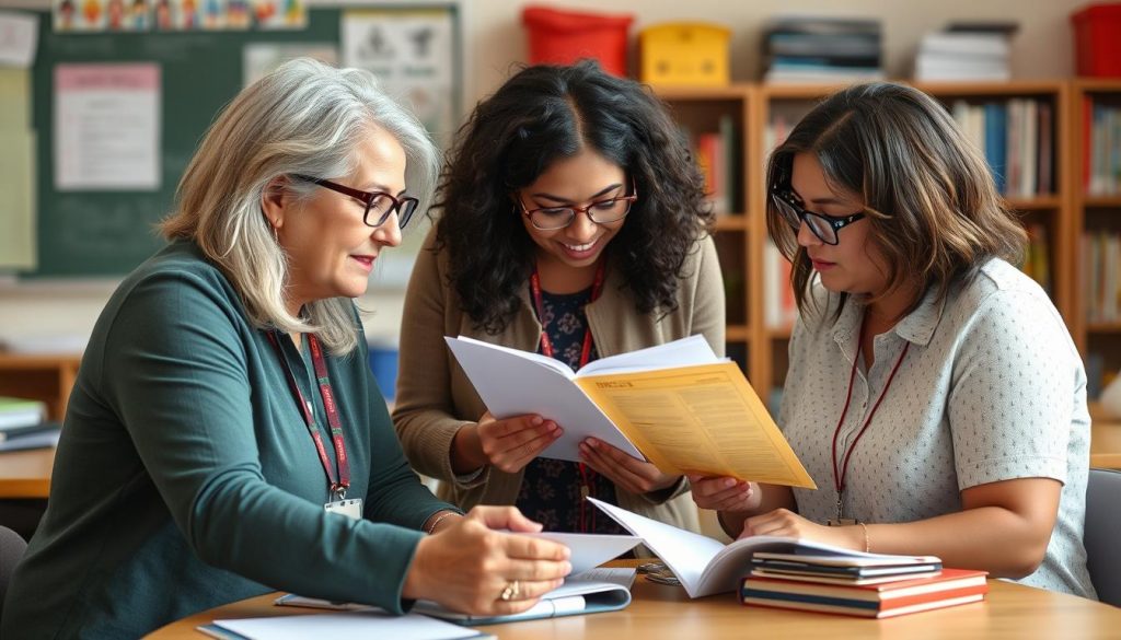 Teachers collaborating on lesson planning for inclusive instruction with ELL specialists Teachers collaborating on lesson planning for inclusive instruction with ELL specialists