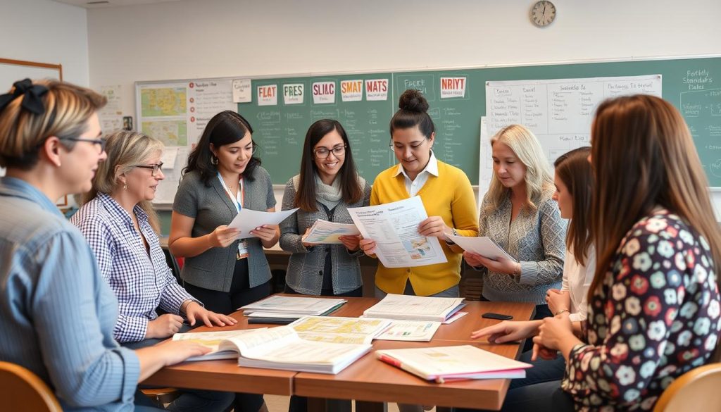 Teachers collaborating on standards alignment during professional development