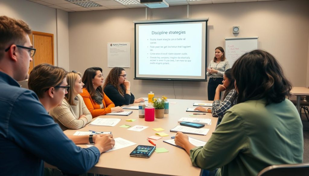 Teachers engaged in professional development focused on effective discipline strategies, enhancing their understanding of the meaning of discipline