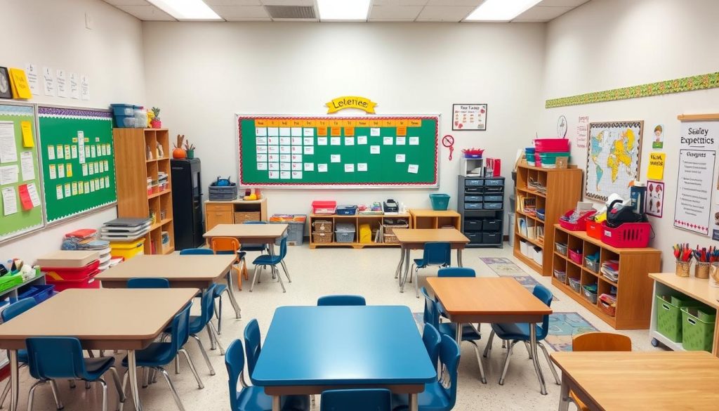 Well-organized classroom with clear visual cues and defined learning spaces