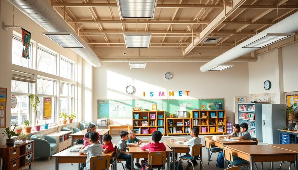 A bright welcoming classroom with diverse learning spaces and students engaged in A bright, welcoming classroom with diverse learning spaces and students engaged in collaborative activities