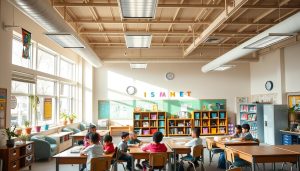 A bright welcoming classroom with diverse learning spaces and students engaged in A bright, welcoming classroom with diverse learning spaces and students engaged in collaborative activities