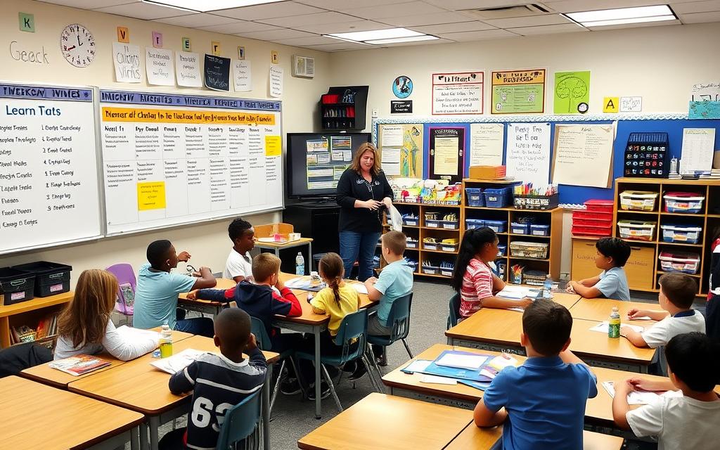 A classroom with clear visual schedules, expectations posted, and students engaged in orderly activities A classroom with clear visual schedules, expectations posted, and students engaged in orderly activities