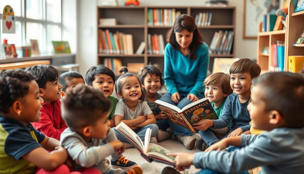 A diverse group of students enthusiastically engaged during a classroom read-aloud session