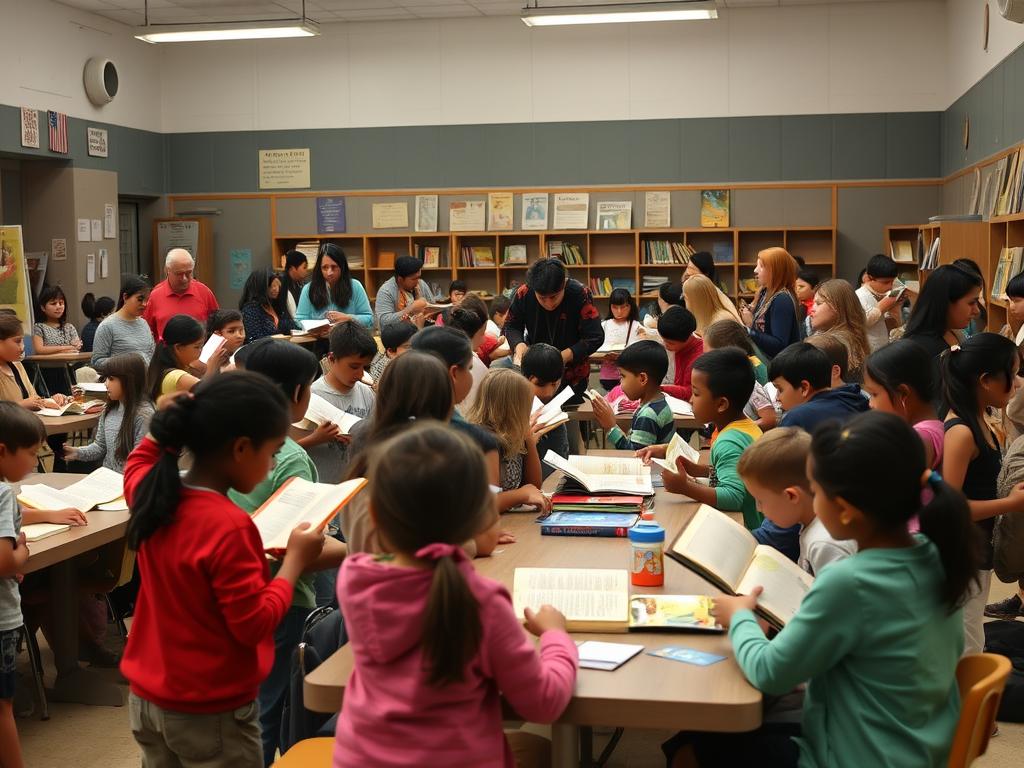 A family literacy night event with parents and students engaged in reading activities, supporting the importance of teaching reading beyond the classroom