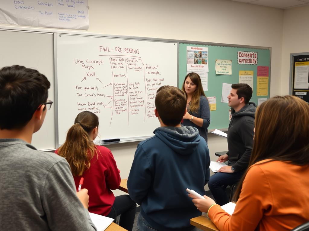 A high school teacher modeling pre-reading strategies with students, demonstrating the importance of teaching reading across grade levels