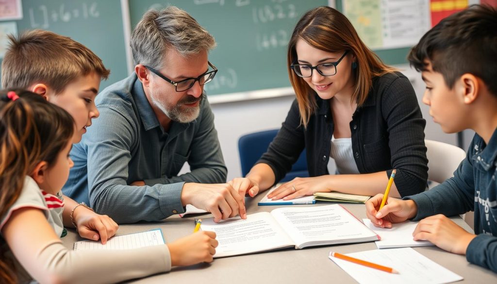 A math teacher helping students decode word problems, illustrating the importance of teaching reading in mathematics