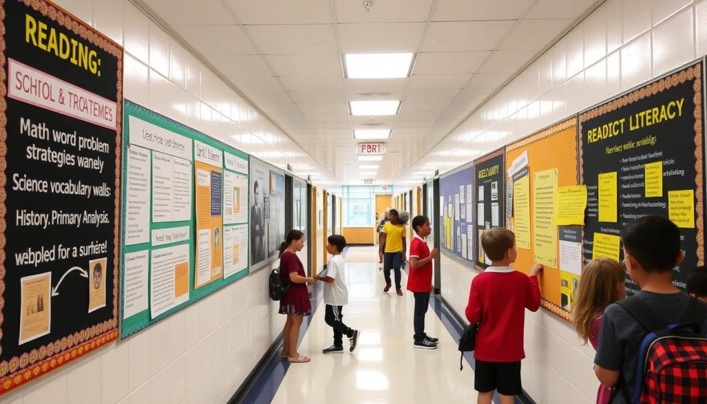A school hallway with reading-focused displays from multiple subject areas, demonstrating a school-wide commitment to the importance of teaching reading