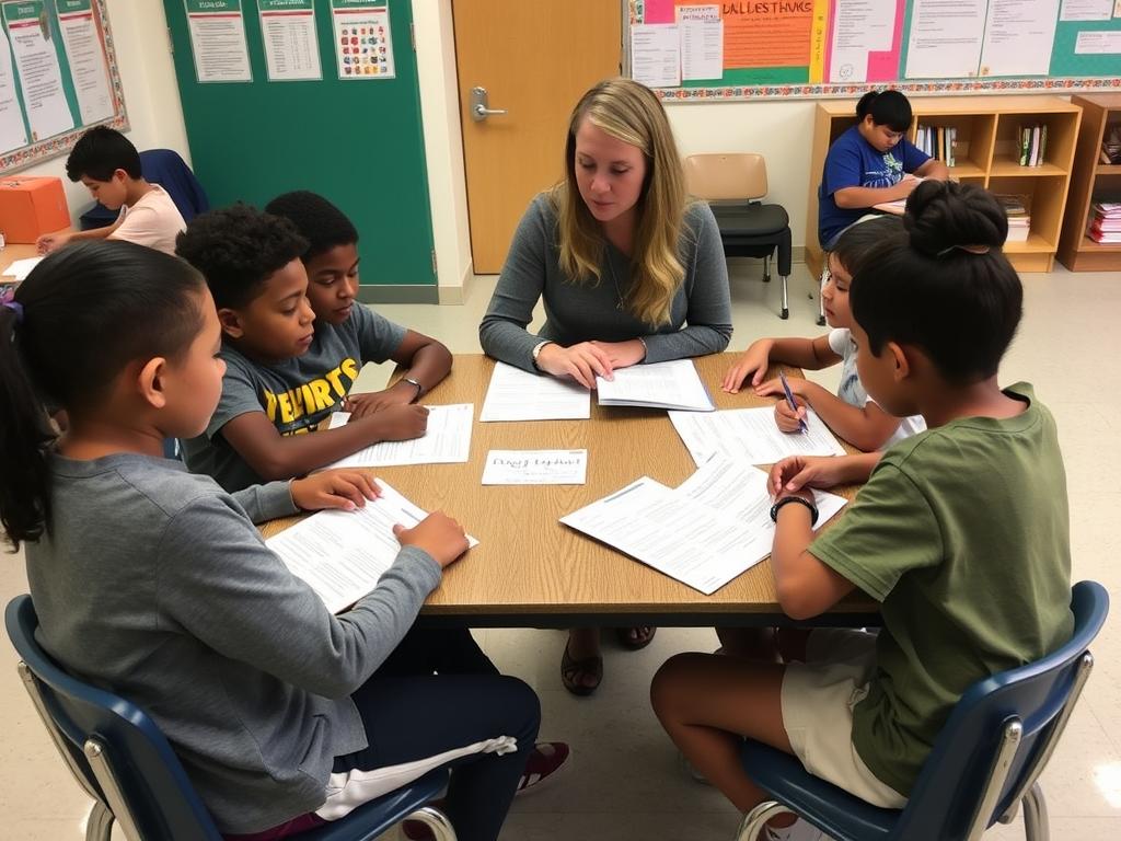 A teacher working with a small group of diverse students on differentiated reading activities, showing the importance of teaching reading to all learners